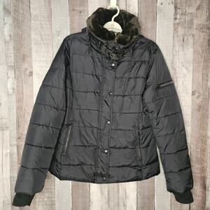 S13/NYC Black Quilted Puffer Coat Faux Fur Fill Zip Women's size Medium